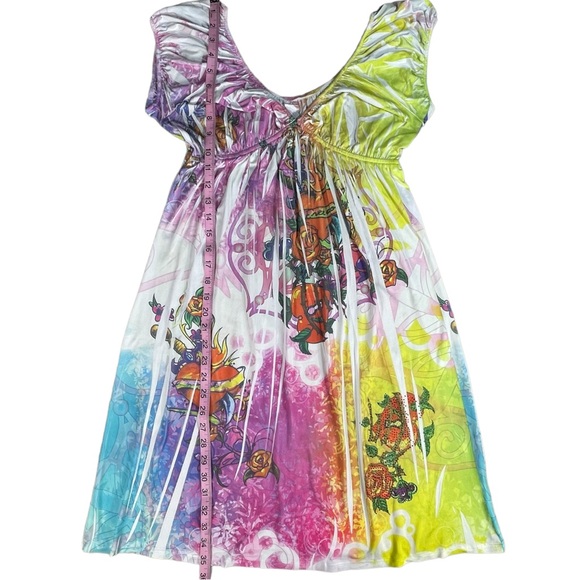 Press Apperal size large rainbow tie dye Ed Hardy style sparkly slinky dress EUC - Picture 9 of 12